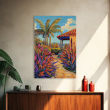Tropical Path, Palm Trees, Garden Walkway, Vibrant Flora, Framed Canvas Print patio decor, vacation home wall art, coastal impressionist