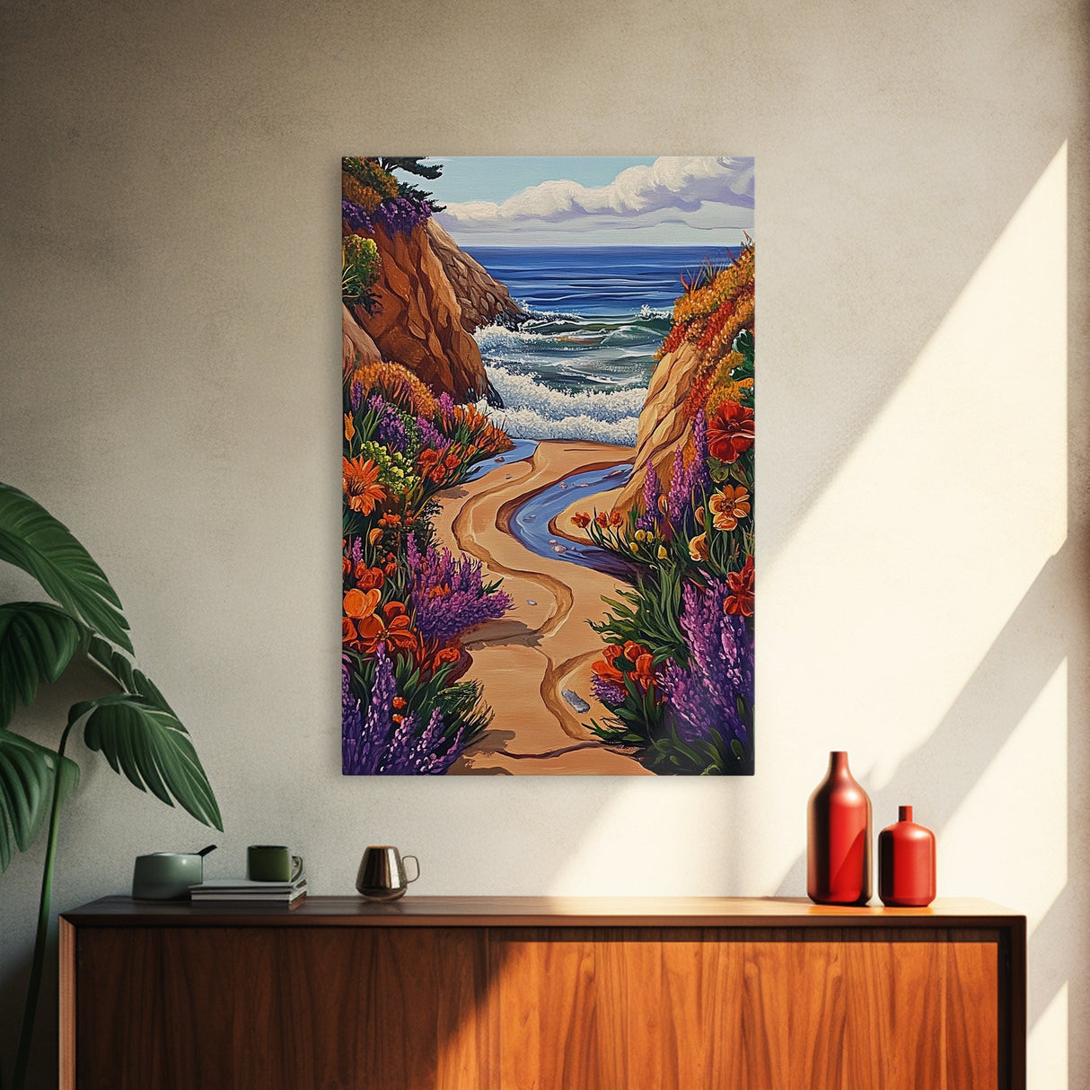 Coastal Path, Floral Trail, Ocean View, Beach Landscape, Framed Canvas Print, boho art, hallway decor, tropical wall art, beach house art