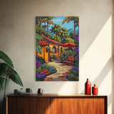 Tropical Courtyard, Retreat, Pathway, Framed Canvas Print, vibrant tropical patio scene, colorful garden art, Spanish boho home decor