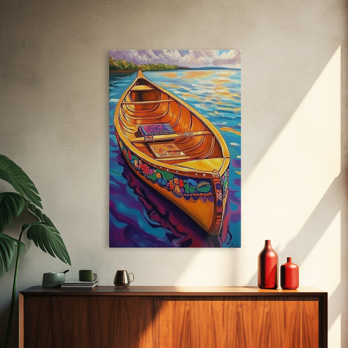 Canoe Tranquil, Reflection, Water, Canvas Print, vibrant lake, boat painting, colorful water art, lakehouse decor, boho bedroom wall art
