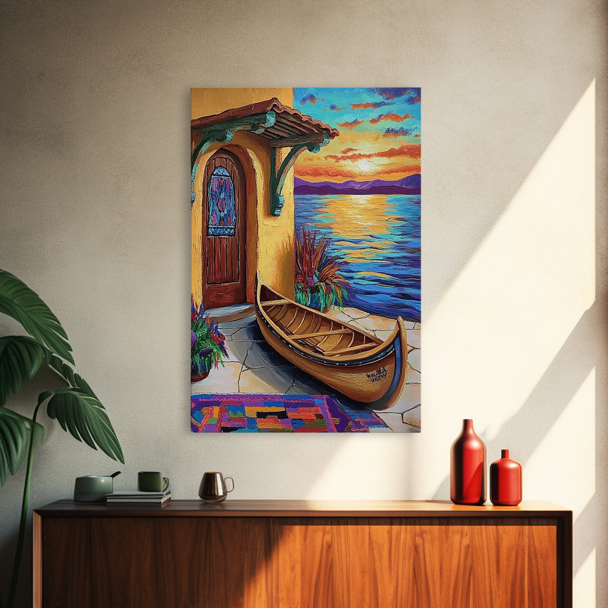 Lakeside Sunset, Canoe, Serenity, Framed Canvas Print, rustic lakefront, sunset art, cozy cabin vibe, boho lakehouse wall art, den art