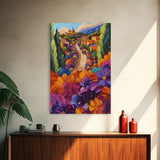 Village Flowers Path, Scenic Country Road Painting, Framed Canvas Print, Whimsical Boho Art, Kitchen Wall Decor, Mediterranean Style