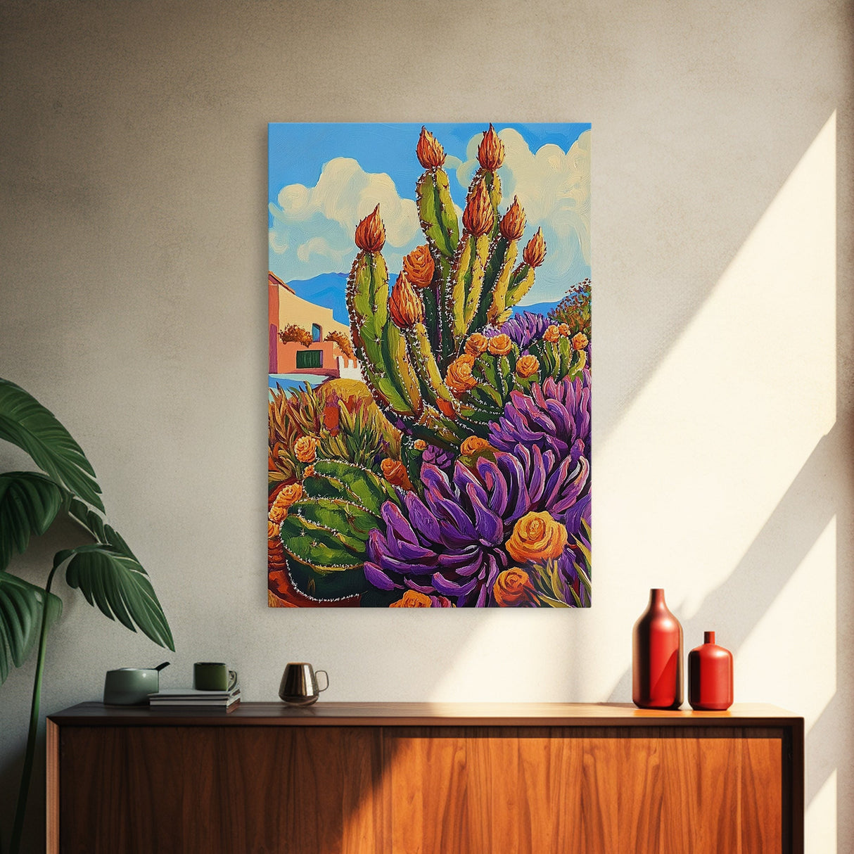 Cactus Flowers, Desert, Bright Succulent Garden, Framed Canvas Print, Colorful Kitchen Wall Art, Boho Desert Decor, Eclectic Nature Style