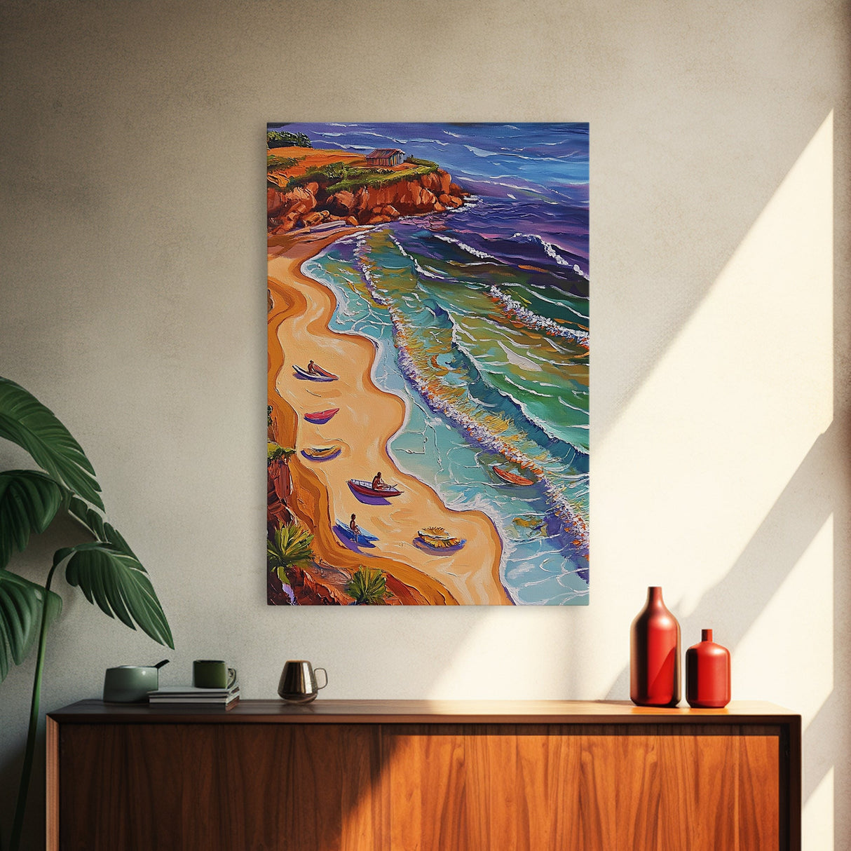 Beach Waves, Boats, Aerial Coastal Landscape, Framed Canvas Print, Boho Ocean Art, Bathroom Wall Decor, Vibrant Nautical Artwork