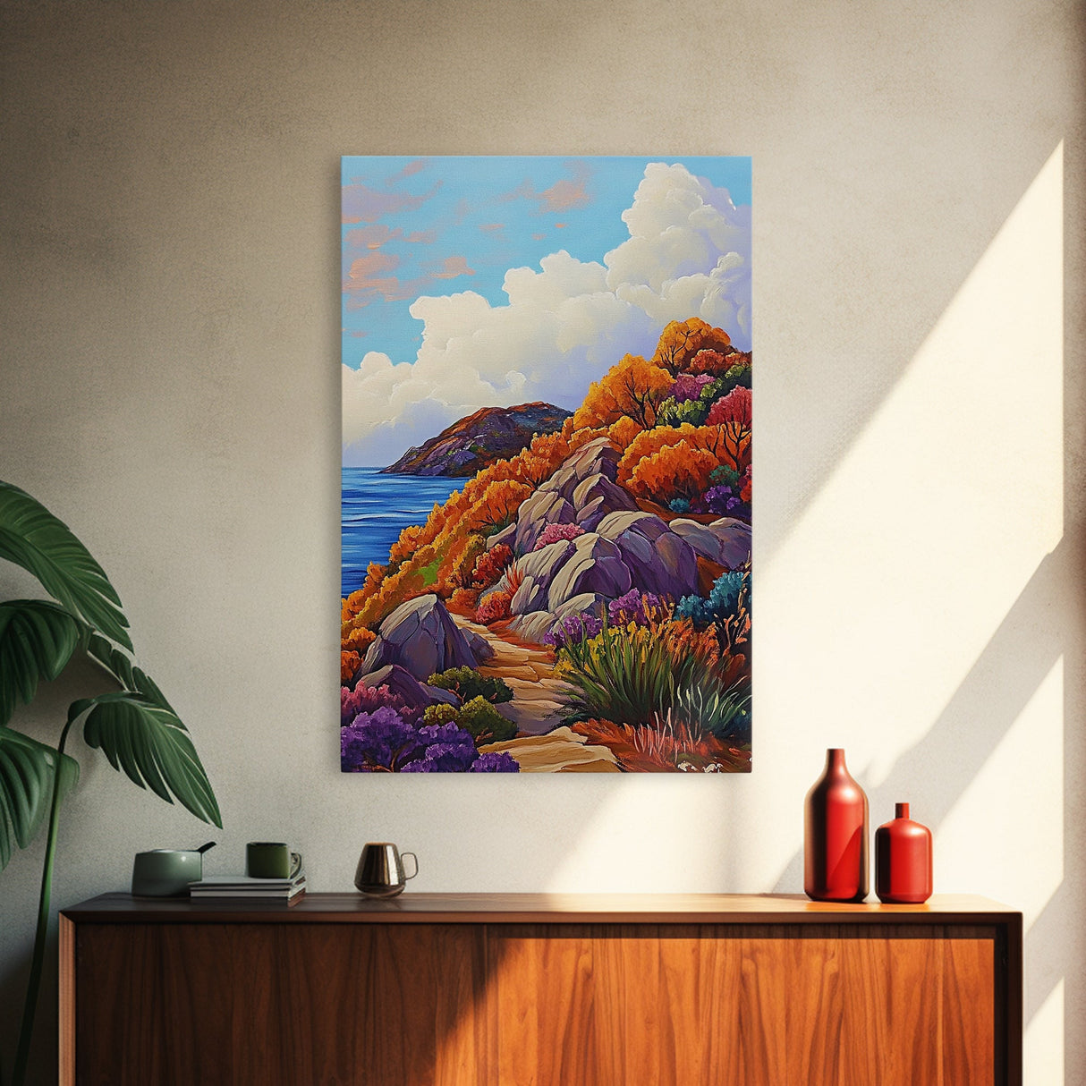 Autumn Cliffside, Trail, Ocean, Framed Canvas Print, fall coastal landscape, boho mountain decor, bold colors, seasonal Living Room art
