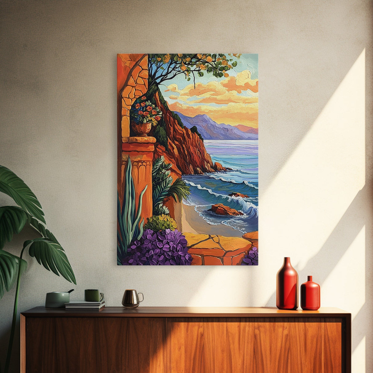 Seaside Terrace, Sunset Florals, Framed Canvas Print romantic ocean view artwork, Mediterranean decor, Kitchen Wall Art, rustic art