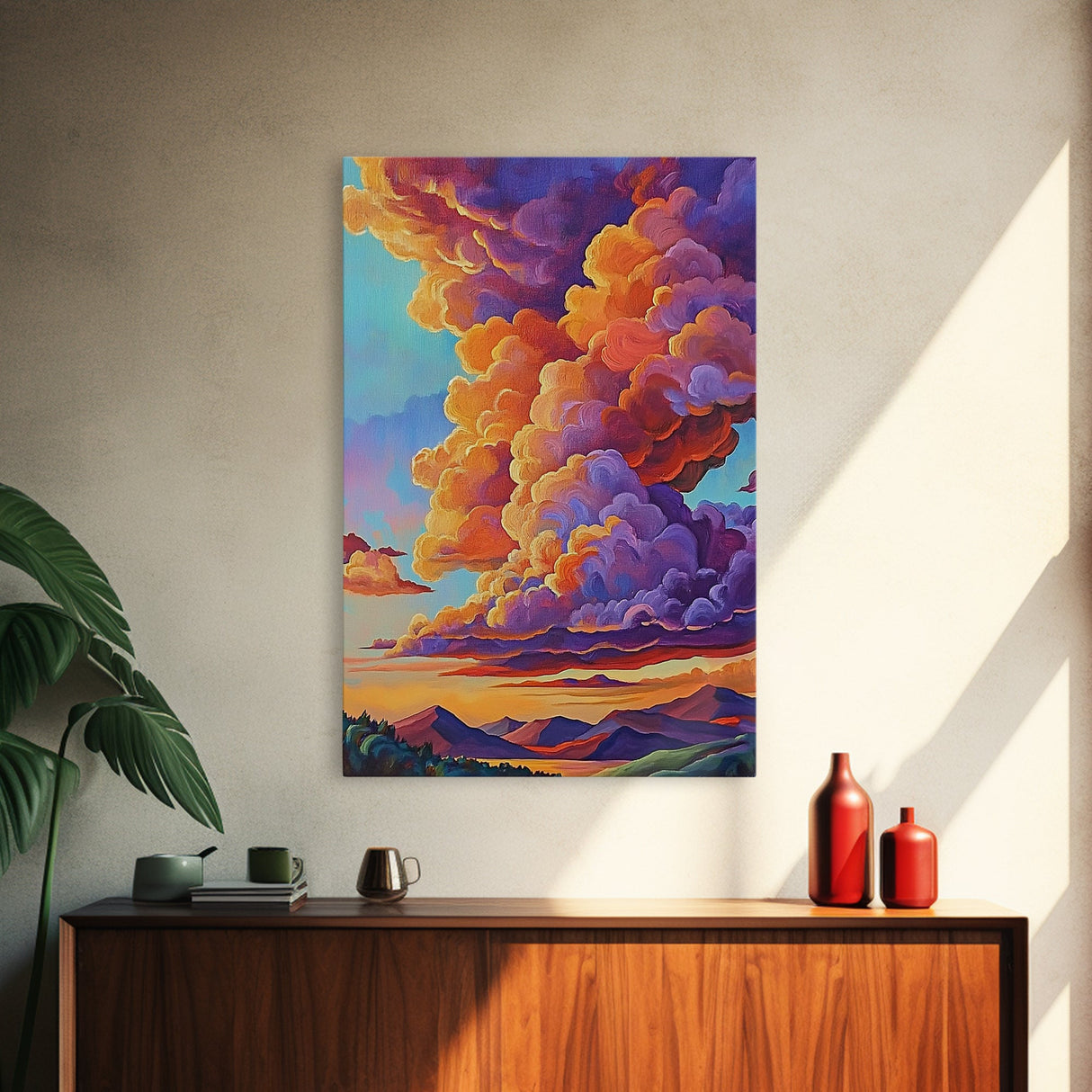 Clouds Sunset, Skies, Mountains, Framed Canvas Print dramatic sky art, colorful cloudscape painting, Bedroom Wall Art, dreamy wall decor
