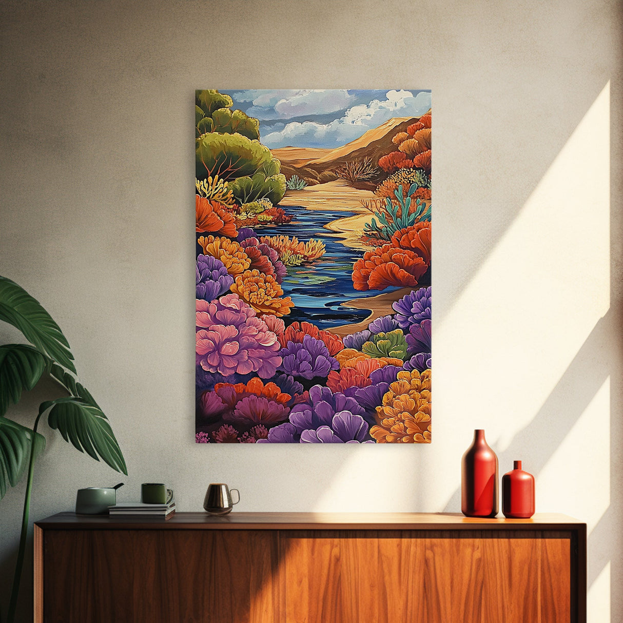 River, Desert, Floral, Art, Canvas Print, Colorful floral river scene with desert hills, perfect bedroom or hallway Southwestern wall art