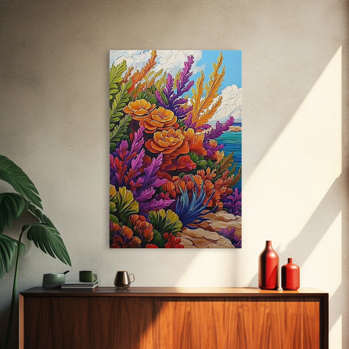 Coastal, Botanical, Garden, Flowers, Framed Canvas Print, Bright coastal flowers with ocean view, ideal summer vibe bathroom or patio wall art