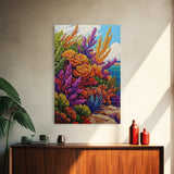Coastal, Botanical, Garden, Flowers, Framed Canvas Print, Bright coastal flowers with ocean view, ideal summer vibe bathroom or patio wall art