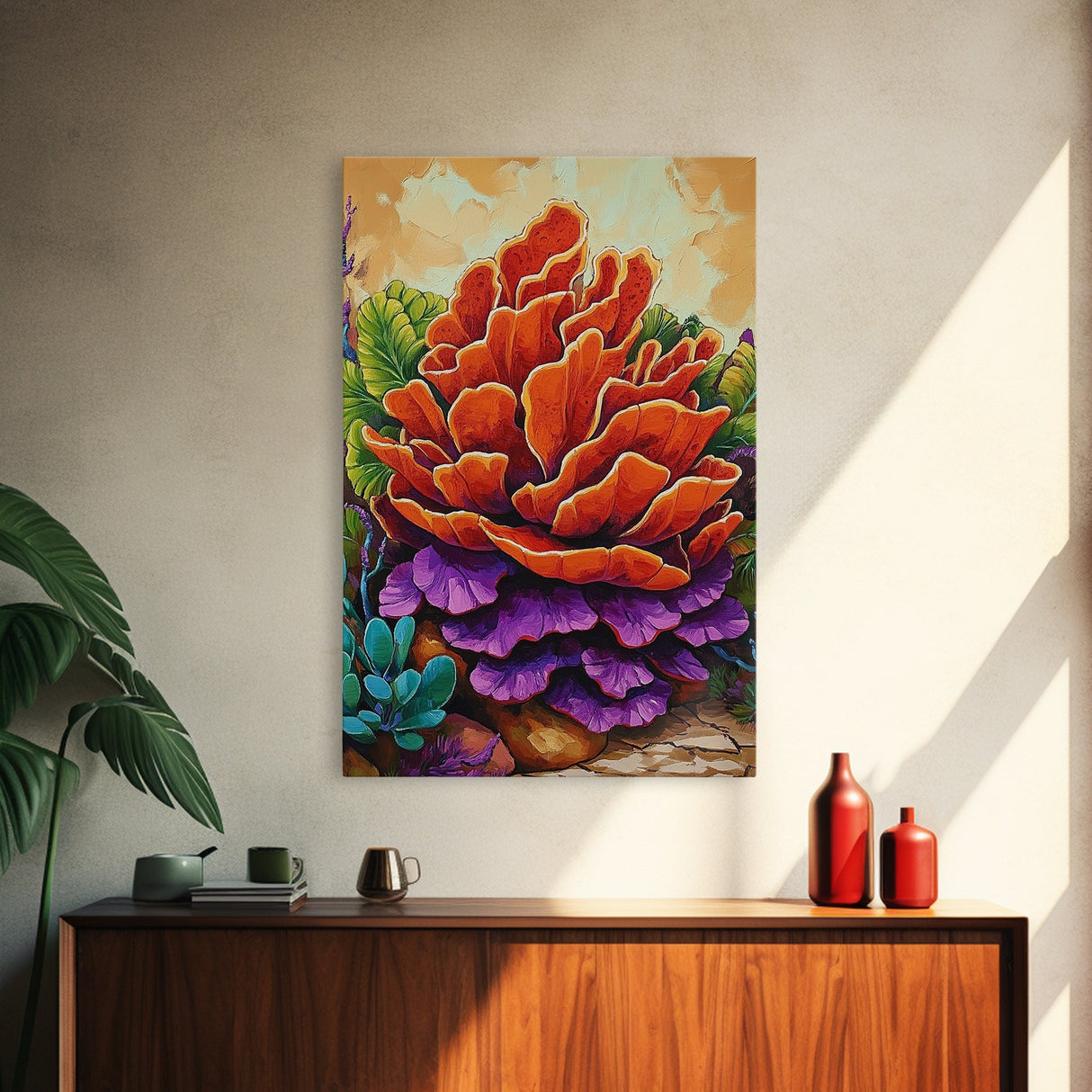 Succulent, Cactus, Orange, Purple, Framed Canvas Print, Bold desert succulent bloom art in orange and purple, living room statement piece