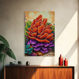 Succulent, Cactus, Orange, Purple, Framed Canvas Print, Bold desert succulent bloom art in orange and purple, living room statement piece