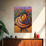 Sombrero, Garden, Boho, Floral, Framed Canvas Print, Bright floral garden sombrero artwork, perfect boho colorful kitchen wall art