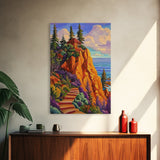 Cliff Cabin, Ocean, Trees, Framed Canvas Print, Seaside cabin on cliff with vivid trees and ocean view, rustic fall living room wall art