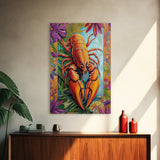 Lobster Coastal, Nautical, Kitchen, Framed Canvas Print, Bold orange lobster art with tropical florals, great coastal kitchen wall art