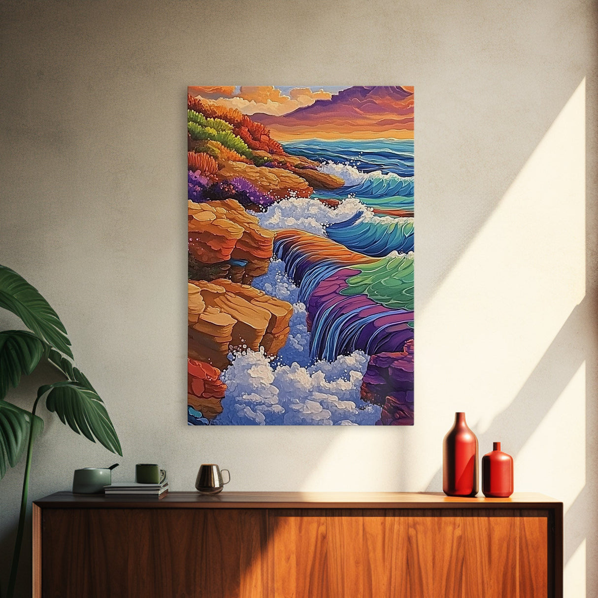 Waterfall Ocean, Rocks, Waves, Canvas Print, Vibrant ocean waterfall over rocky cliffs with colorful waves, ideal coastal living room