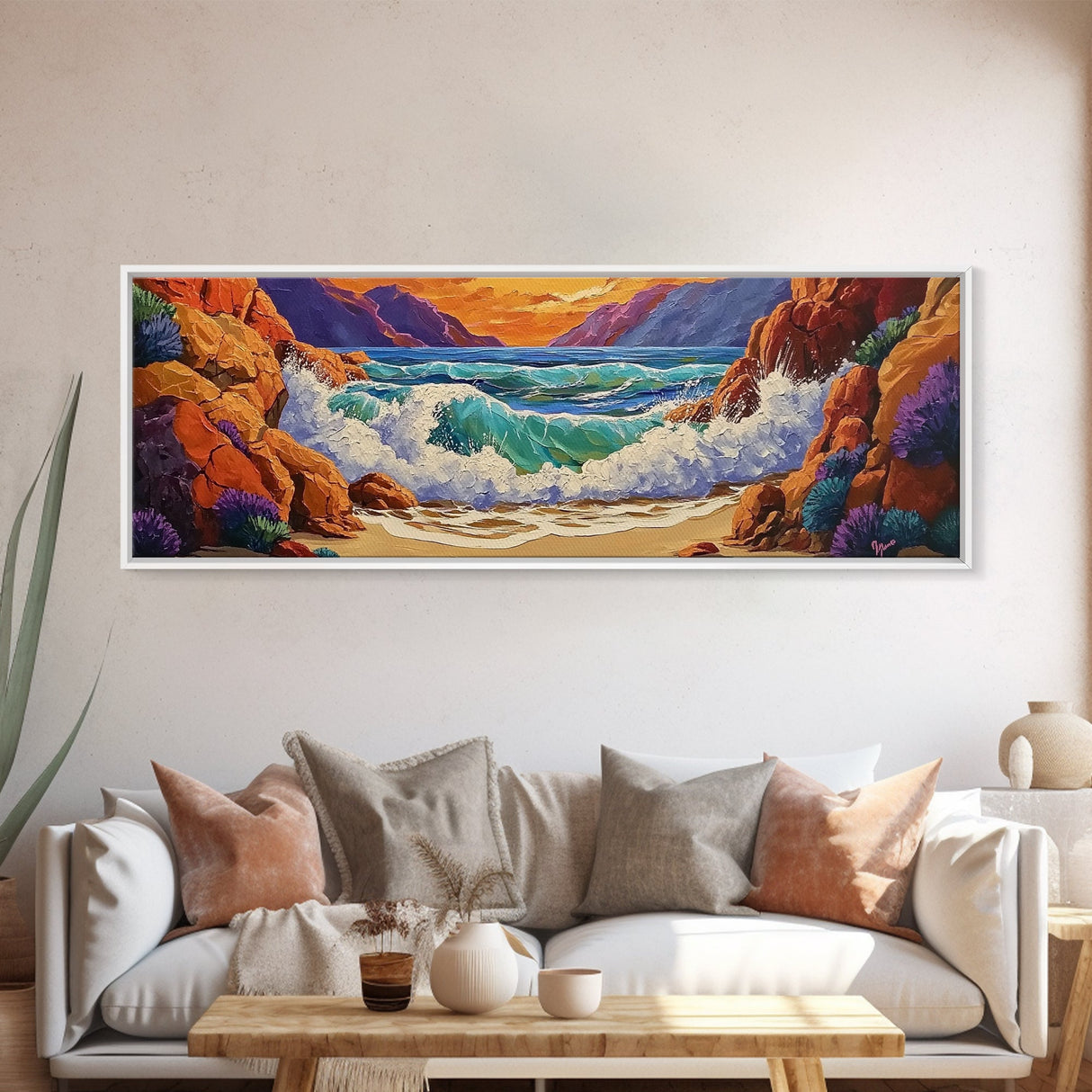 Ocean Wave, Rocky Coast, Vibrant Sunset, Nature Seascape, Framed Canvas Print, Coastal Wall Art, Beach Bathroom Decor, Colorful Seascape Art