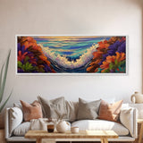Sunset Waves, Floral Reef, Coastal Water, Colorful Nature, Framed Canvas Print, Bathroom Wall Art, Beach Vibes, Bright Seascape Art