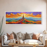 Colorful Mountain Sunrise, Bold Landscape Painting, Southwest Decor, Living Room Wall Art, Modern Boho Style Framed Canvas Print, Bedroom art