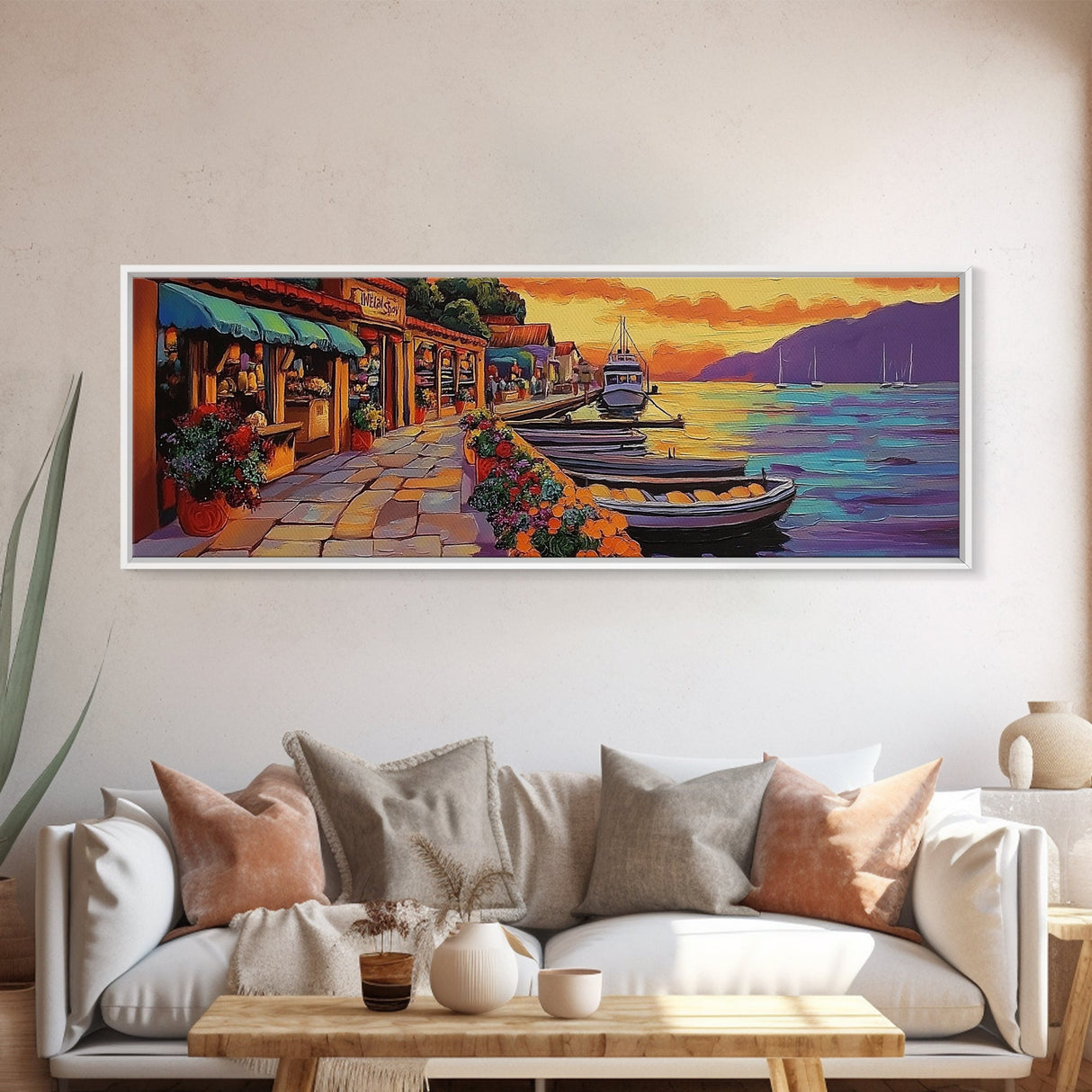 Harbor Village Sunset, Vibrant Coastal Town Painting, Mediterranean Art, Kitchen or Hallway Decor Framed Canvas Print, Beach House Wall Art