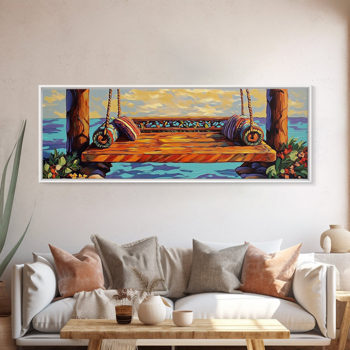 Ocean Swing Scene, Relaxing Seaside Painting, Nautical Coastal Art, Beach House Decor, Peaceful Canvas Print, Hallway Art, Bedroom Art