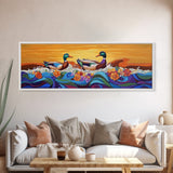 Ducks On Waves, Colorful Animal Art, Whimsical Sunset, Floral Ocean Scene, Canvas Print, Fun Kitchen Art, Kids Room Wall Art