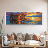 Floating Home, Lake Sunset, Tranquil Retreat, Framed Canvas Print, peaceful wall art, waterfront decor, lakehouse artwork