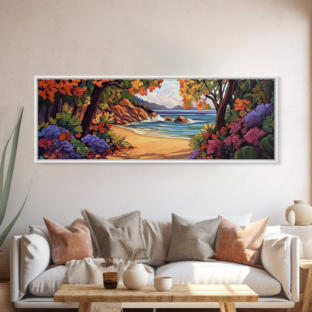Secluded Beach Painting, Colorful Coastal Trees, Tropical Shoreline View, Framed Canvas Print, Relaxing Bathroom Art, Boho Bedroom