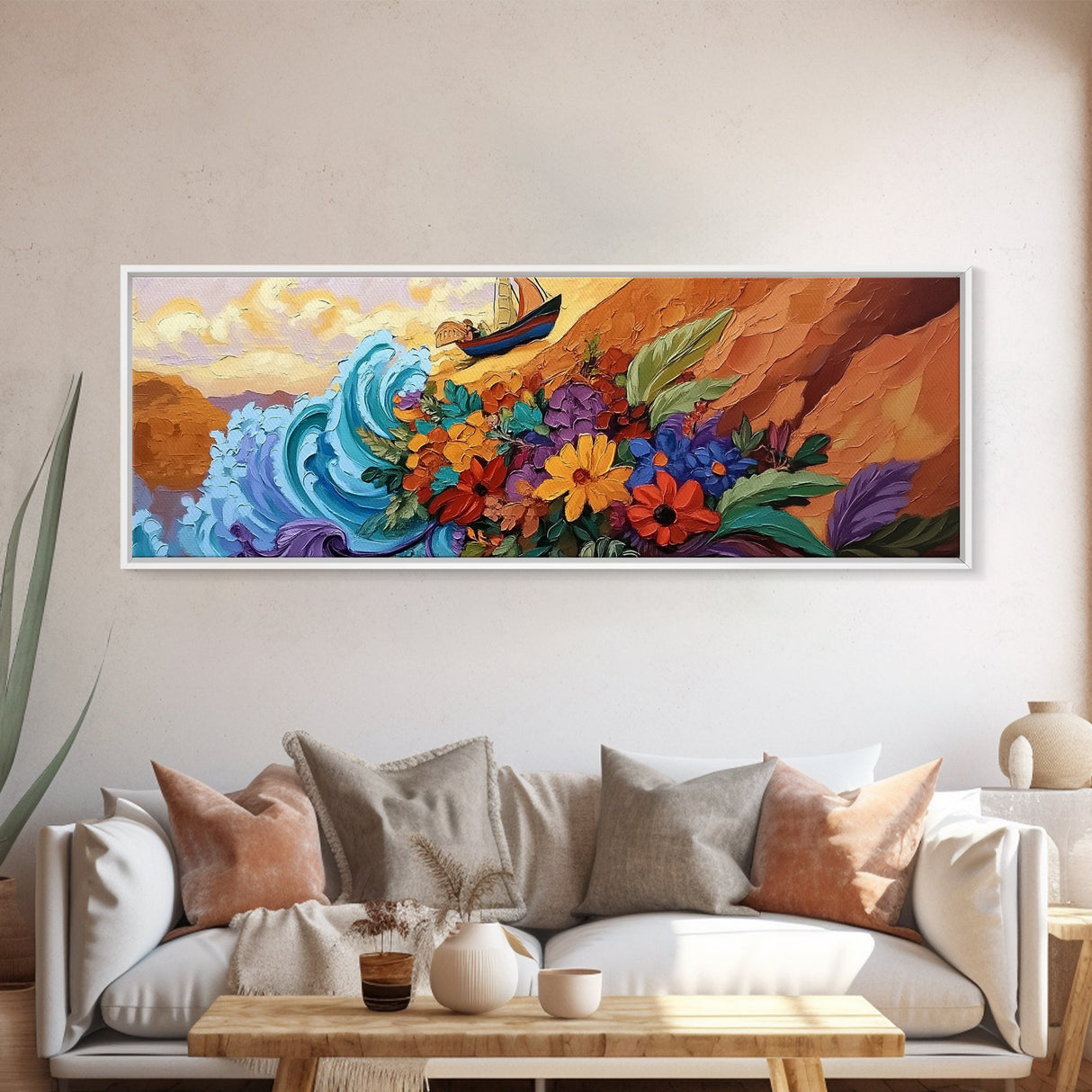 Wave and Flowers Painting, Sailboat Seaside Scene, Bold Floral Coastline Art, Framed Canvas Print, Bathroom Wall Art, Eclectic Art