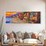 Seaside Village Sunset, Colorful Coastal Homes, Vibrant Ocean View, Framed Canvas Print, Beach House Decor, Bohemian Art
