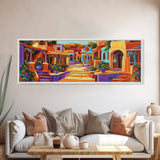 Colorful Village Lane, Bright Street Scene, Adobe Style Architecture, Framed Canvas Print, Boho Entryway Wall Art, Kitchen Decor