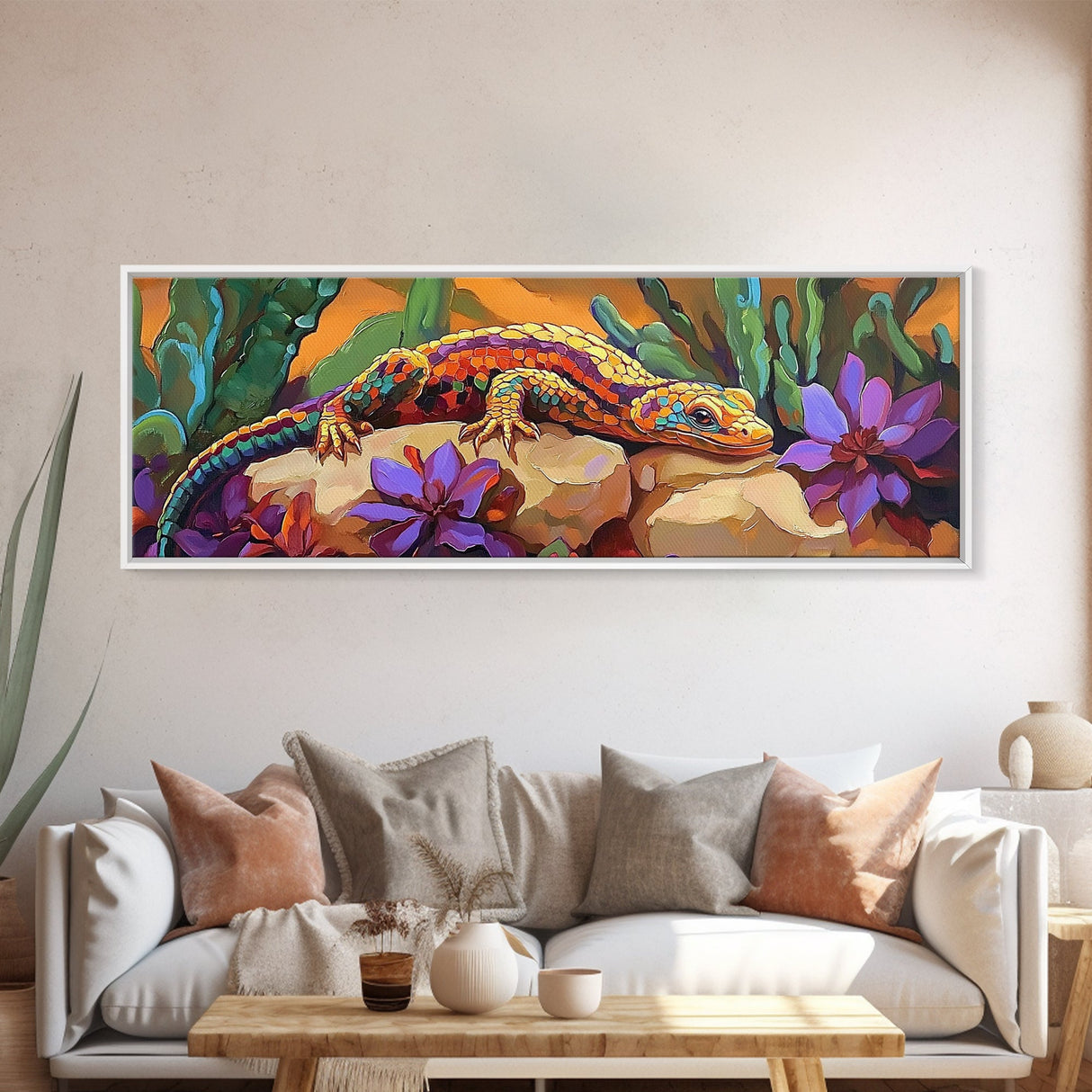 Vibrant Lizard Art, Desert Gecko Painting, Succulent Garden Colors, Framed Canvas Print, Eclectic Kitchen Wall Decor, Animal Art