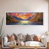 Sunset Lake, Mountain Reflection, Nature Glow, Framed Canvas Print, Scenic Wall Art, Autumn Decor, Cabin Artwork, Rustic Landscape Art