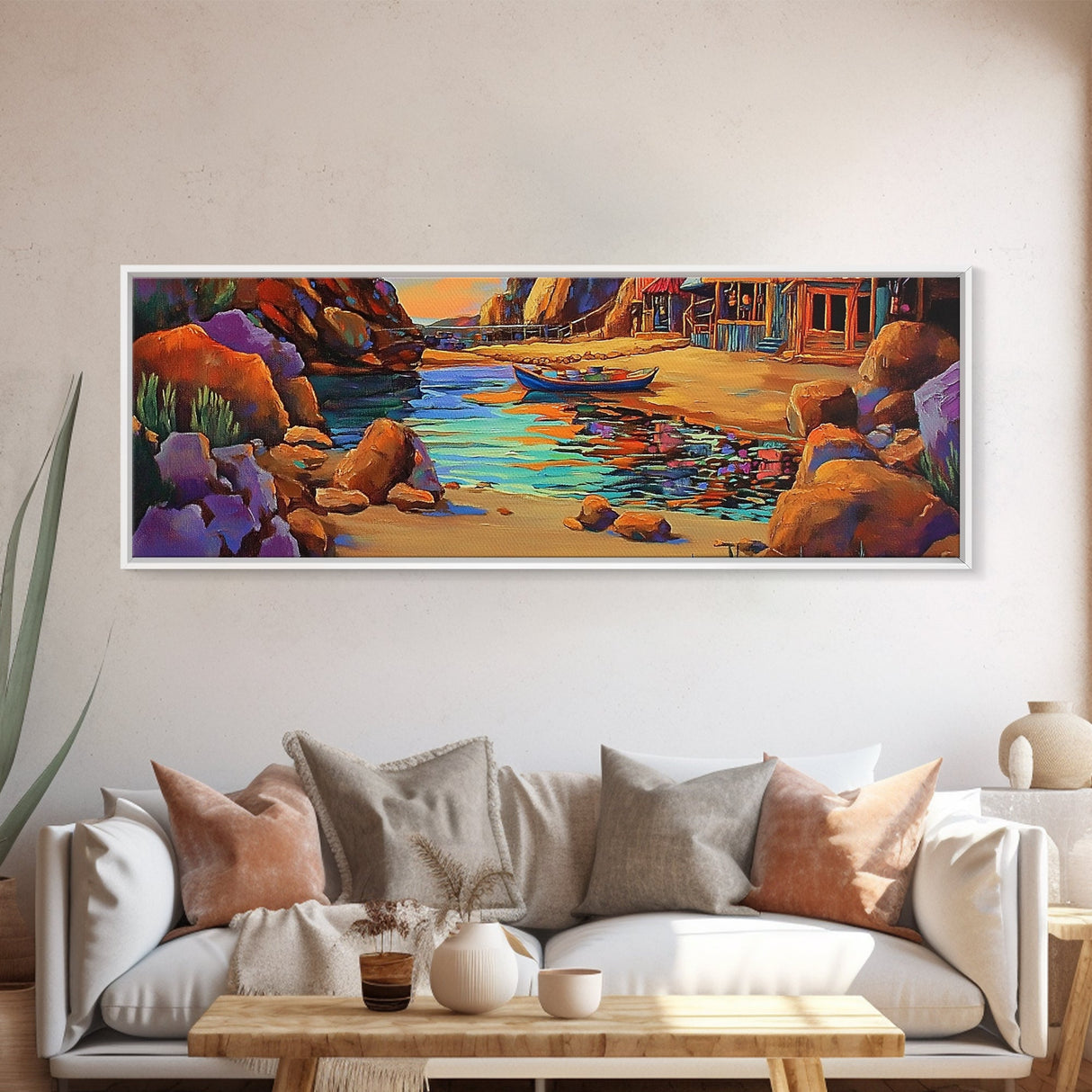 Rustic Cove, Rowboat Reflection, Coastal Vibes, Framed Canvas Print, Beach House Decor, Nautical Wall Art, Colorful Seascape