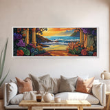 Ocean Escape, Sunset Garden, Floral Coastal Scene, Mediterranean Vibes, Framed Canvas Print, Kitchen Wall Art, Bold Color Artwork