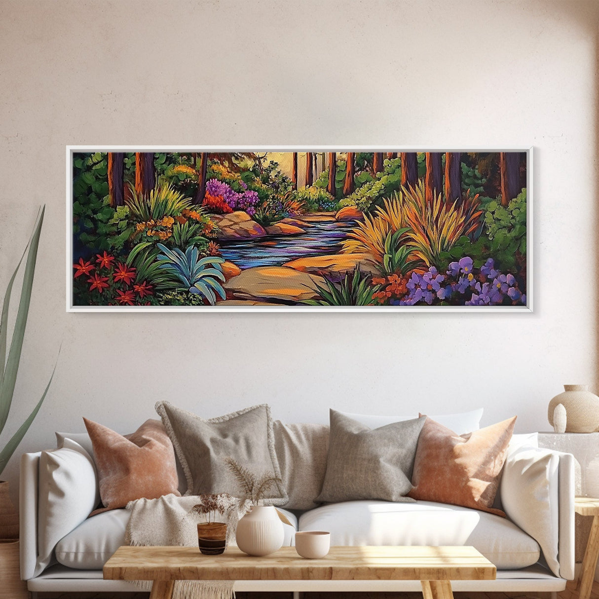 Woodland Path, Peaceful Stream, Vibrant Forest, Tranquil Nature, Framed Canvas Print, Office Wall Art, Nature Trail Decor