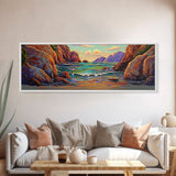 Rocky Cove, Sunset Ocean, Wave Art, Coastal View, Framed Canvas Print, Bathroom Wall Art, Earth Tones, Seascape Canvas Decor