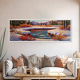 Snowy Mountain Pond, Winter Forest Stream, Sunset Reflection, Canvas Print, Rustic Cabin Wall Art, Nature Landscape Art