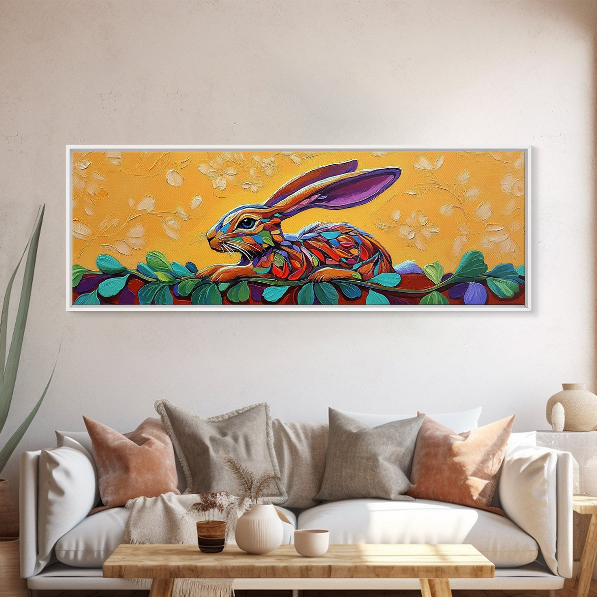 Whimsical Rabbit Art, Bright Bunny Painting, Bold Animal Decor, Framed Canvas Print, Nursery Wall Art, Easter Spring Style