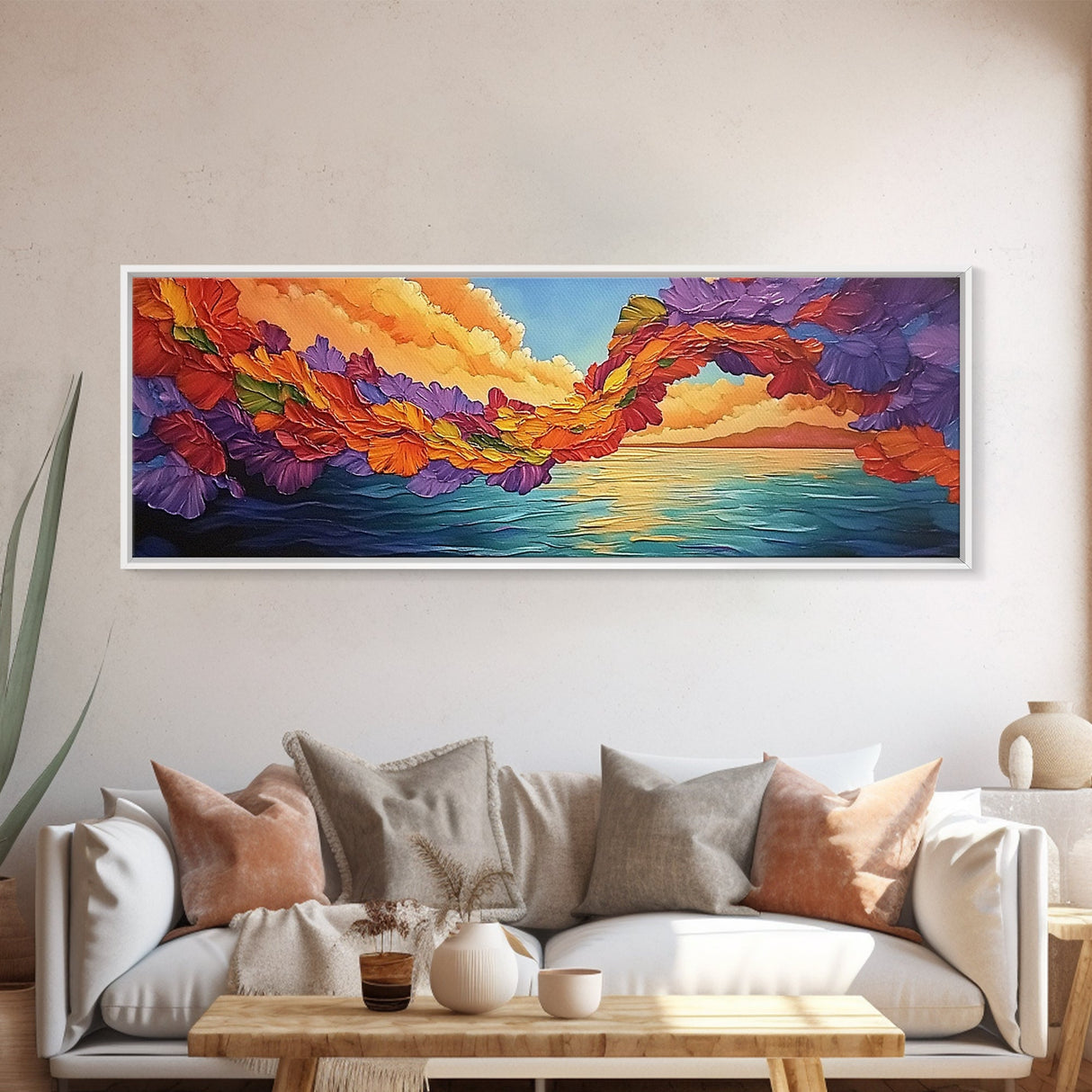Flower Archway, Colorful Sky, Seaside Sunset, Whimsical Decor, Framed Canvas Print, Romantic Living Room Wall Art