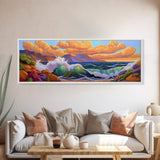 Coastal Surf, Sunset Clouds, Tropical Vibes, Ocean Wave Art, Framed Canvas Print, Beach House Decor, Seaside Living Room Art