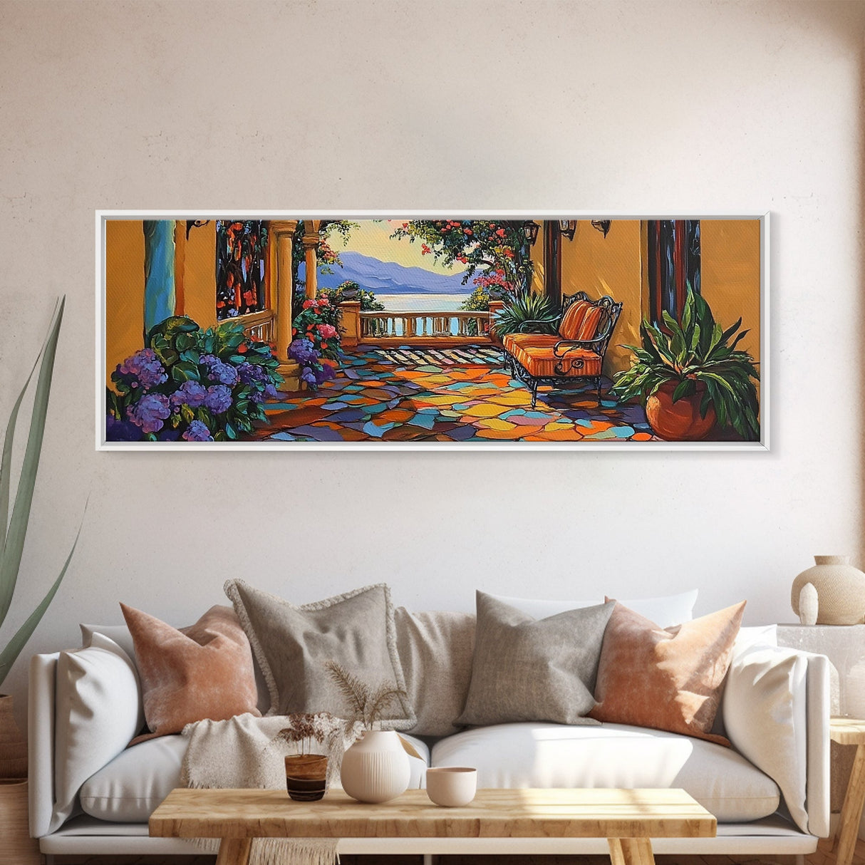 Garden Balcony, Mediterranean Villa, Sunset View, Cozy Terrace, Canvas Print, Tuscan Decor, Romantic Outdoor Wall Art