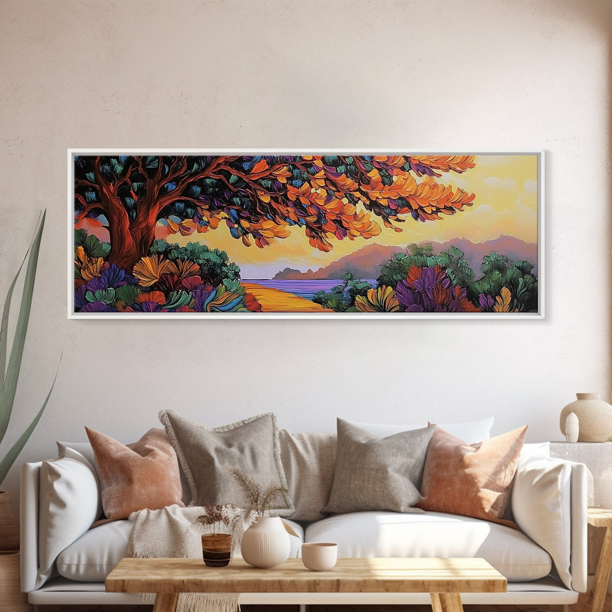 Autumn Tree Path, Sunset Landscape, Nature Art, Framed Canvas Print, Fall wall art, colorful art, boho decor, living room wall art