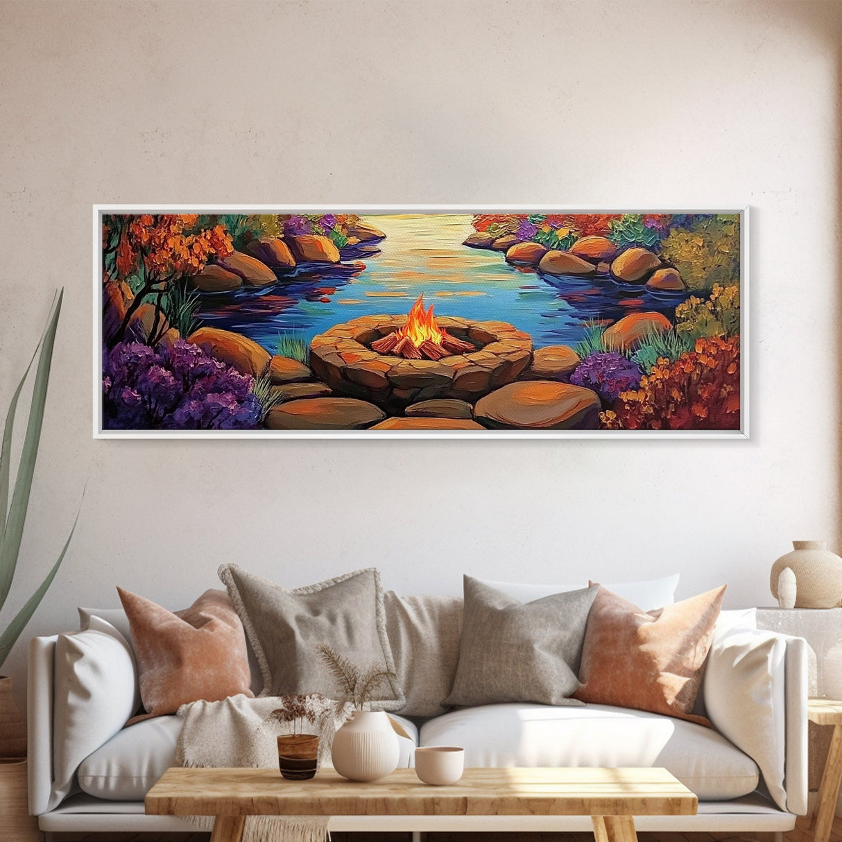 Campfire by River, Autumn Glow, Cozy Outdoor Scene, Framed Canvas Print, fall landscape, rustic decor, lodge wall art, den artwork