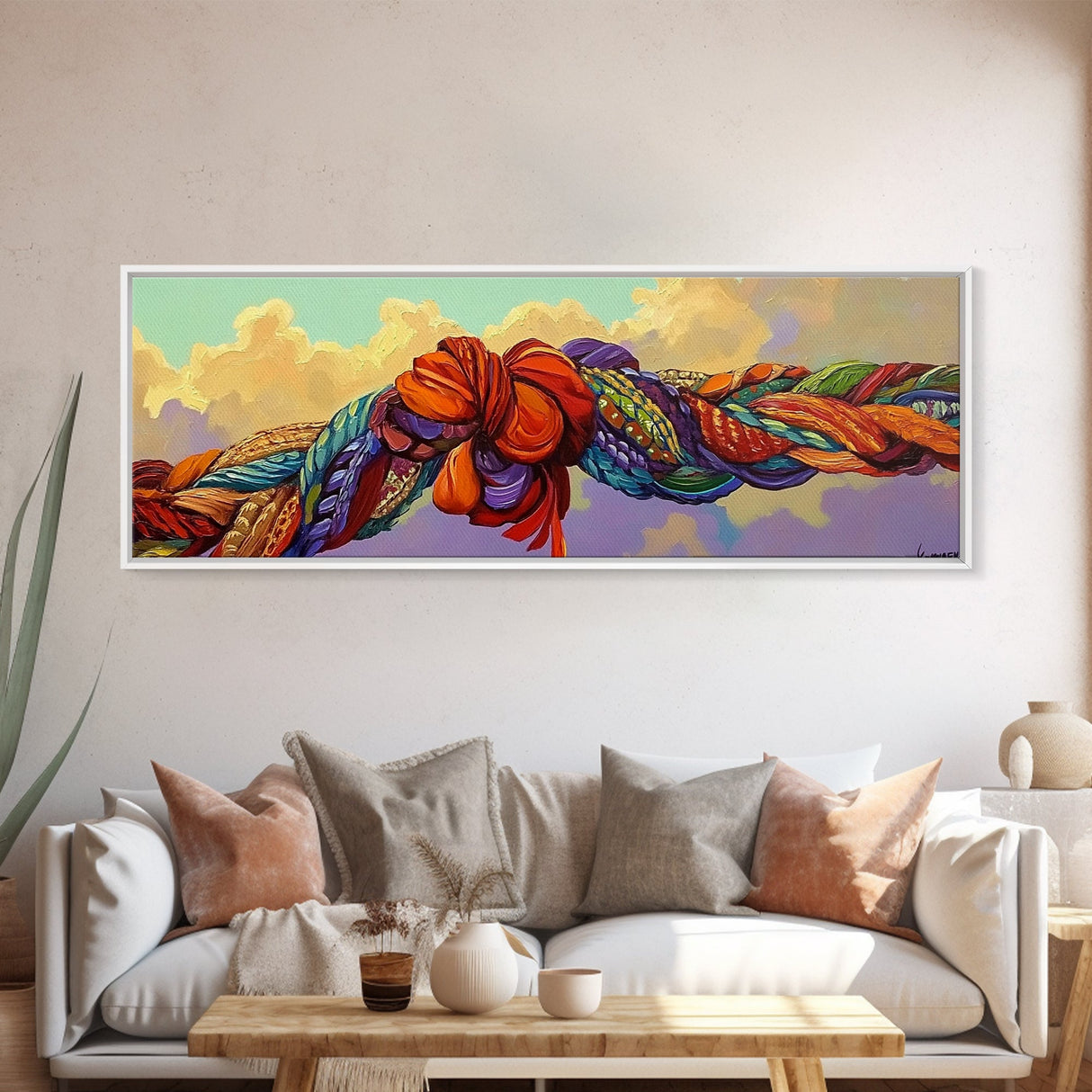 Colorful Rope Knot, Textured Fabric Art, Whimsical Decor, Framed Canvas Print, abstract textile art, fiber wall art, boho bedroom