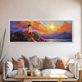 Lighthouse Sunset, Coastal Path, Mountain Horizon, Framed Canvas Print, nautical wall art, romantic sunset, boho living room decor
