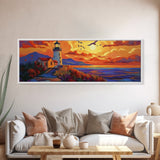Seaside Lighthouse View, Sunset Birds, Coastal Dream, Framed Canvas Print, ocean wall art, rustic beach decor, entryway statement piece