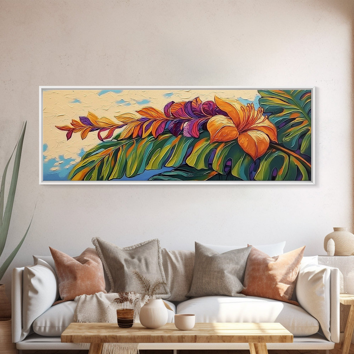 Tropical Leaves, Bold Floral, Exotic Bloom, Modern Art, Framed Canvas Print, boho jungle decor, bedroom wall art, tropical artwork