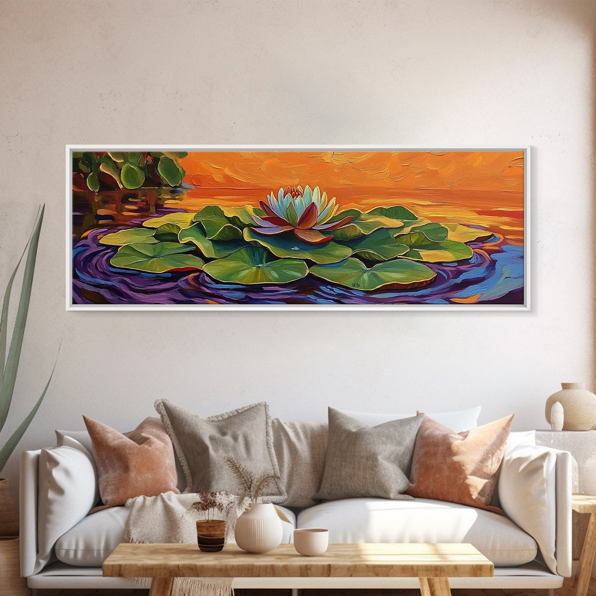 Lotus Flower, Serene Sunset, Water Lily, Zen Art, Framed Canvas Print, spa wall decor, yoga room art, calming peaceful painting