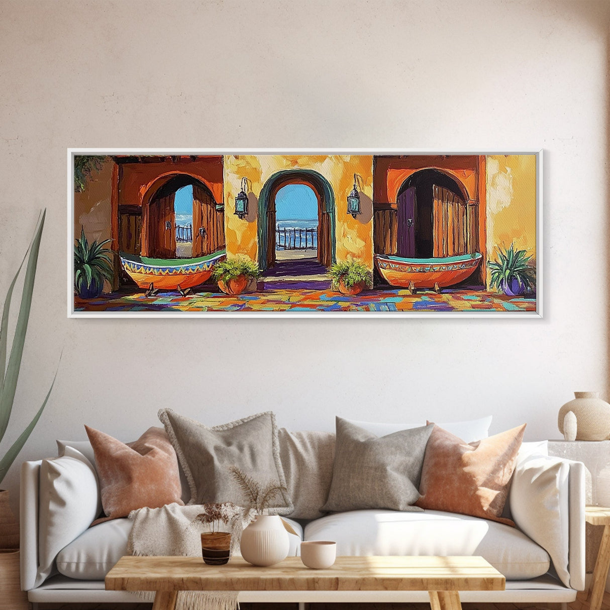 Spanish Courtyard, Bright Doorway, Coastal Decor, Southwest Art, Canvas Print, kitchen wall art, rustic boho art, vibrant home design